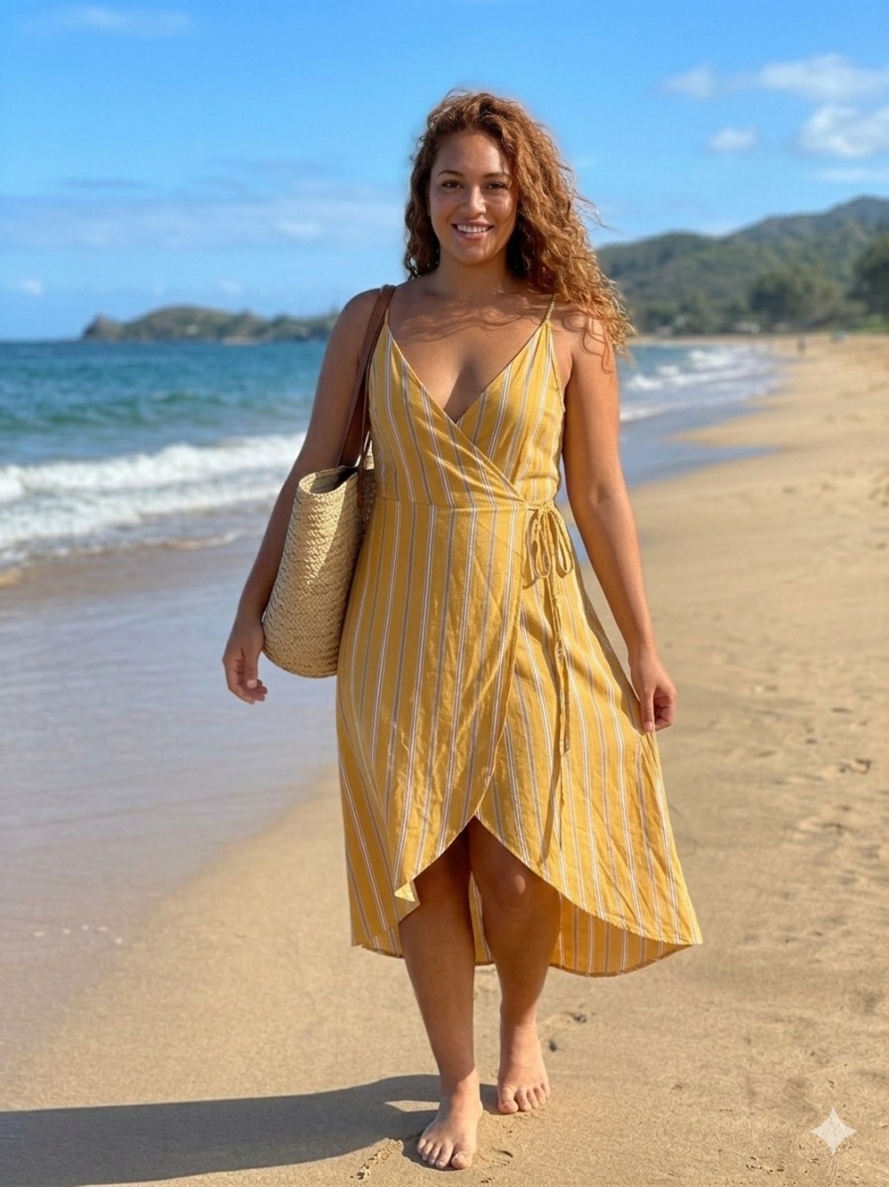 Yellow Stripe Wrap Midi Dress with Tie Waist